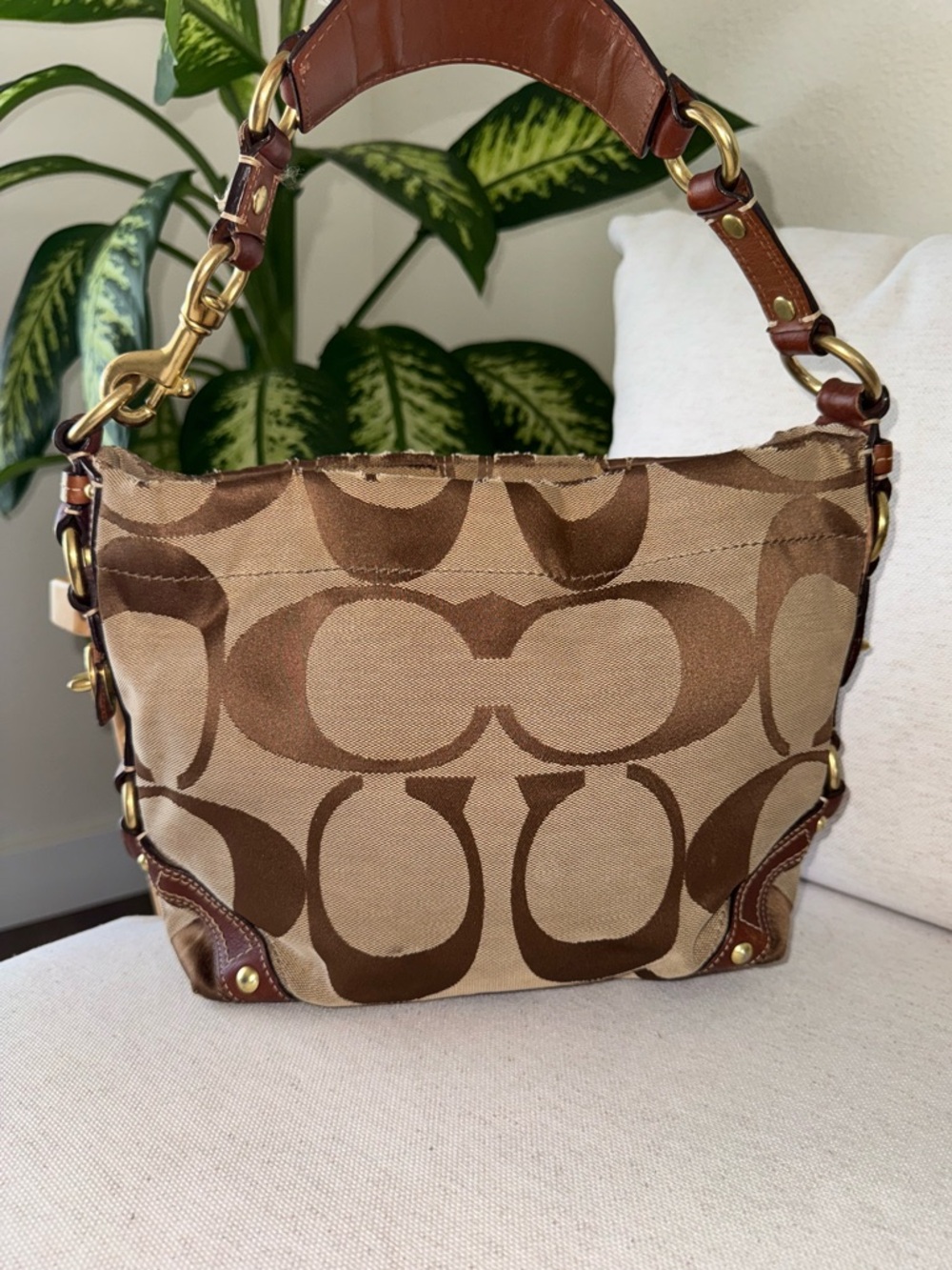 Coach Y2K Vintage Signature Carly Canvas Brown Tan Hobo Shoulder HandBag #10619